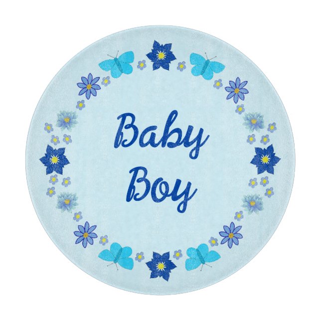 Blue Baby Boy Butterflies and Flowers Custom Cutting Board (Front)