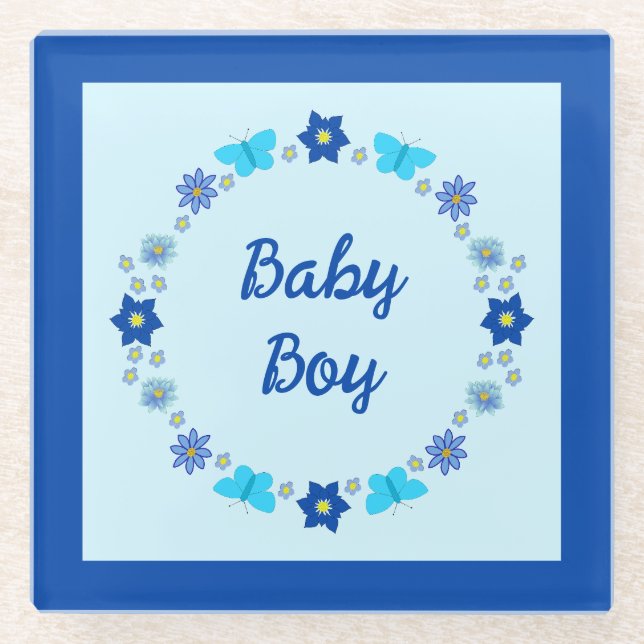 Blue Baby Boy Butterflies and Flowers Custom Glass Coaster (Front)