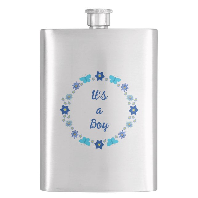 Blue Baby Boy Butterflies and Flowers Custom Hip Flask (Front)