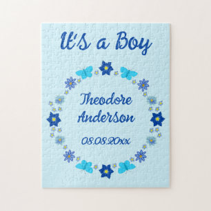 Blue Baby Boy Butterflies and Flowers Custom Jigsaw Puzzle