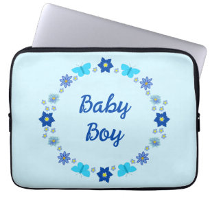 Blue Baby Boy Butterflies and Flowers Custom Laptop Sleeve