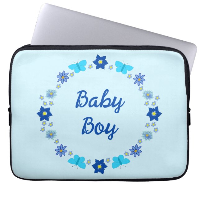 Blue Baby Boy Butterflies and Flowers Custom Laptop Sleeve (Front)