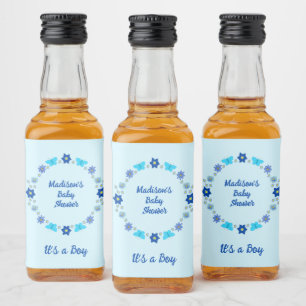 Blue Baby Boy Butterflies and Flowers Custom Liquor Bottle Label