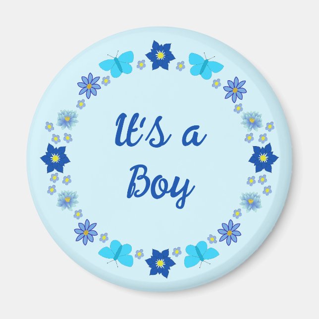 Blue Baby Boy Butterflies and Flowers Custom Magnet (Front)