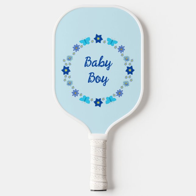 Blue Baby Boy Butterflies and Flowers Custom Pickleball Paddle (Front)