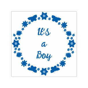 Blue Baby Boy Butterflies and Flowers Custom Self-inking Stamp