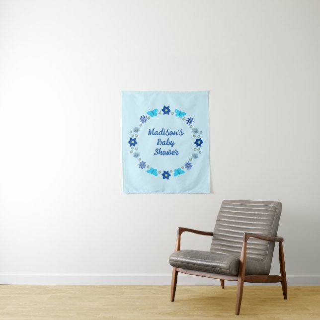 Blue Baby Boy Butterflies and Flowers Custom Tapestry (In Situ)