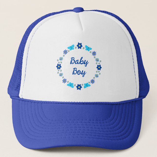 Blue Baby Boy Butterflies and Flowers Custom Trucker Hat (Front)