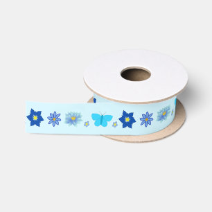 Blue Baby Boy Butterflies and Flowers Patterned Satin Ribbon