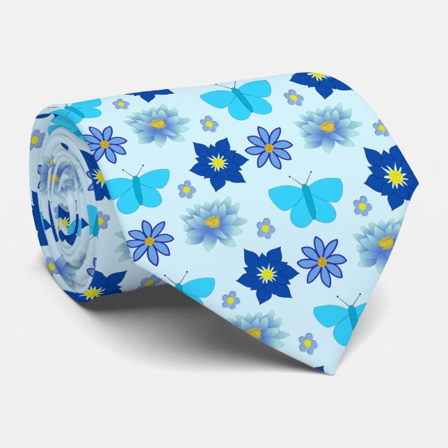 Blue Baby Boy Butterflies and Flowers Patterned Tie (Rolled)