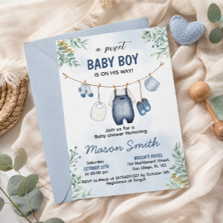 Blue Baby Boy Clothesline Baby Shower Invitation