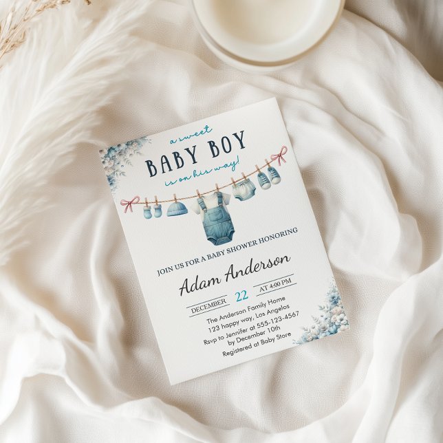 Blue Baby Boy Clothesline Baby Shower Invitation (Creator Uploaded)