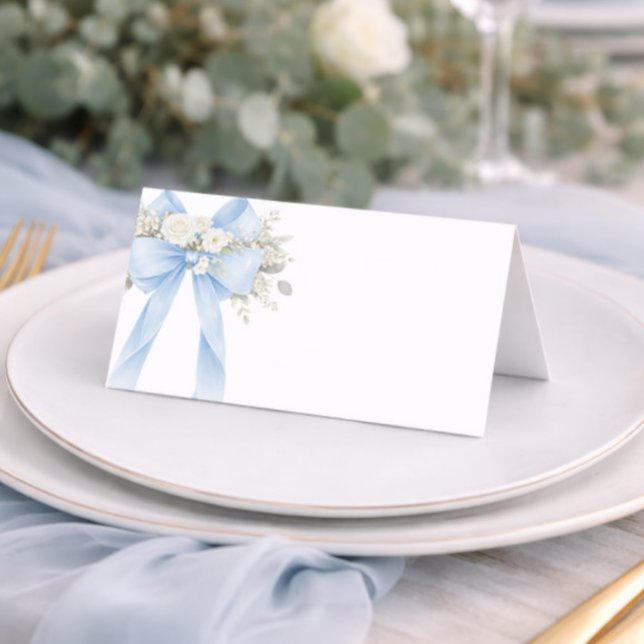 Blue Baby Boy Coquette Bow Eucalyptus Place Card (Creator Uploaded)