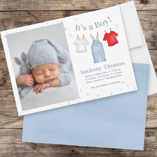 Blue Baby Boy Cute Photo Personalised Announcement