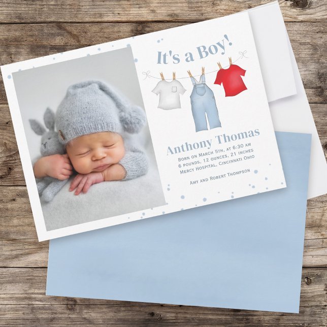 Blue Baby Boy Cute Photo Personalised Announcement (Creator Uploaded)