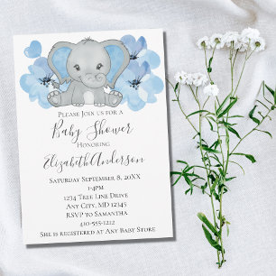 Blue Baby Boy Elephant Baby Shower Flowers Balloon Invitation