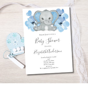 Blue Baby Boy Elephant Baby Shower Flowers Balloon Invitation