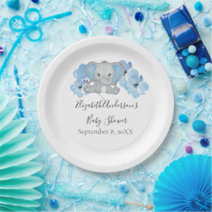 Blue Baby Boy Elephant Baby Shower Flowers Balloon Paper Plate