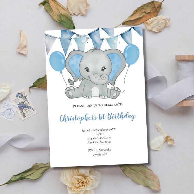Blue Baby Boy Elephant Balloon 1st First Birthday  Invitation (Blue Elephant Balloons Banner 1st Birthday Invitation for Baby Boy)