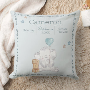 Blue Baby Boy Elephant Custom Name Keepsake Cushion