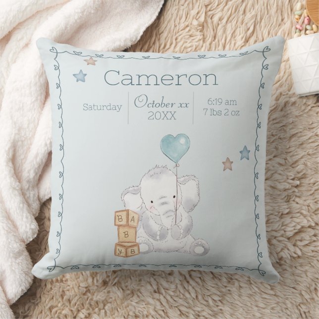 Blue Baby Boy Elephant Custom Name Keepsake Cushion (Blanket)