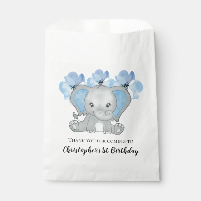 Blue Baby Boy Elephant Flowers 1st Birthday  Favour Bag (Front)