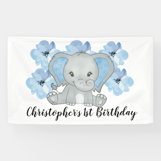 Blue Baby Boy Elephant Flowers Birthday  Banner (Horizontal)