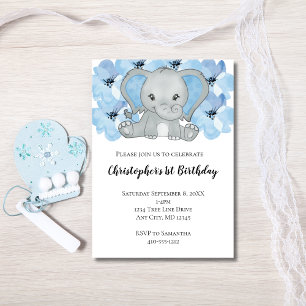 Blue Baby Boy Elephant Flowers First Birthday  Invitation
