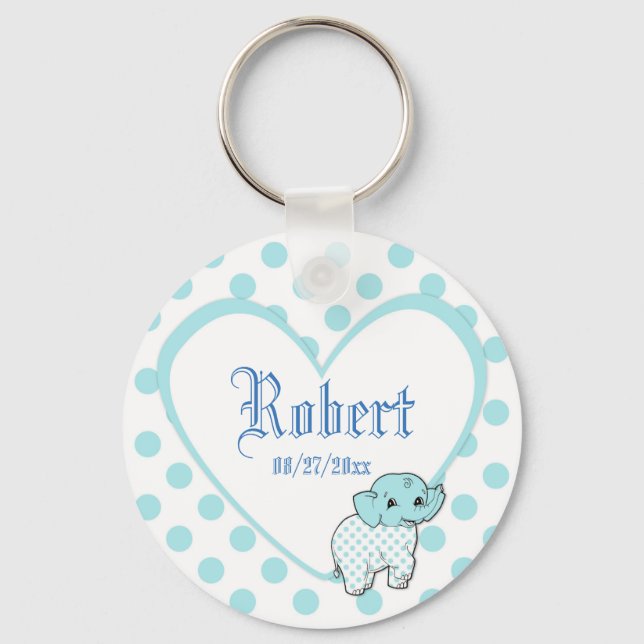 Blue Baby Boy Elephant Heart and Polka Dots Key Ring (Front)