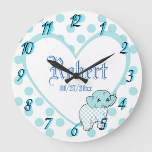 Blue Baby Boy Elephant Heart and Polka Dots Large Clock