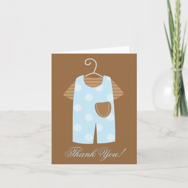 Blue Baby Boy Outfit Baby Shower Thank You Card (Front)
