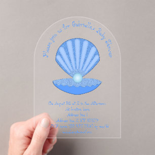 Blue Baby Boy Oyster shell and Pearl Baby Shower Acrylic Invitations