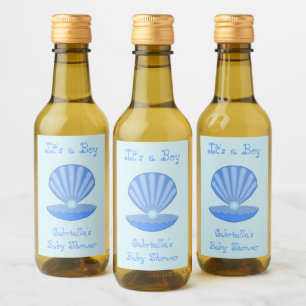 Blue Baby Boy Oyster shell and Pearl Baby Shower Wine Label