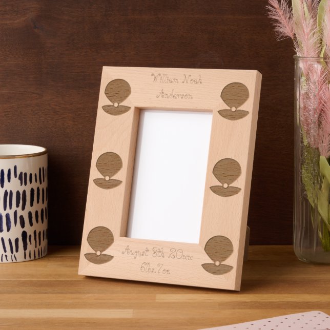 Blue Baby Boy Oyster shell and Pearl Custom Etched Frames (Left)