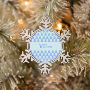 Blue Baby Boy Oyster shell and Pearl Custom Name Snowflake Pewter Christmas Ornament