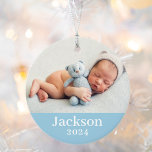 Blue Baby Boy Personalized Name Photo Ornament<br><div class="desc">Simply elegant photo ornament for baby's First Christmas can be personalized with a newborn photo and custom text for the first name. Choose to include the same photo on both sides or two different photos. The blue background color can be changed to match your photos!</div>