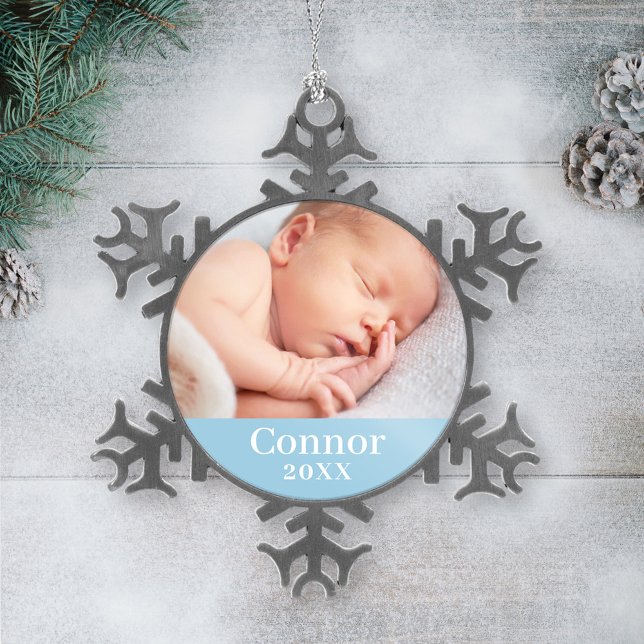 Blue Baby Boy Personalized Name Photo Snowflake Pewter Christmas Ornament (Creator Uploaded)