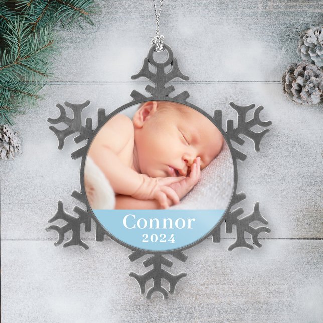 Blue Baby Boy Personalized Name Photo Snowflake Pewter Christmas Ornament (Creator Uploaded)