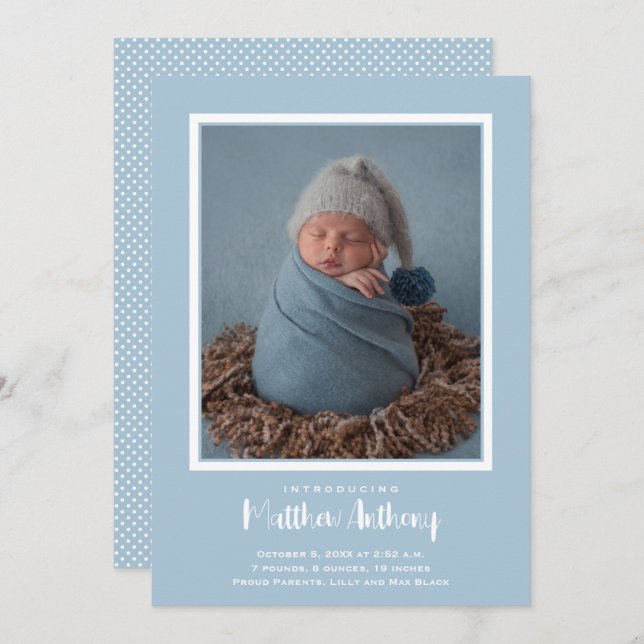 Blue Baby Boy Photo Birth Announcement (Front/Back)