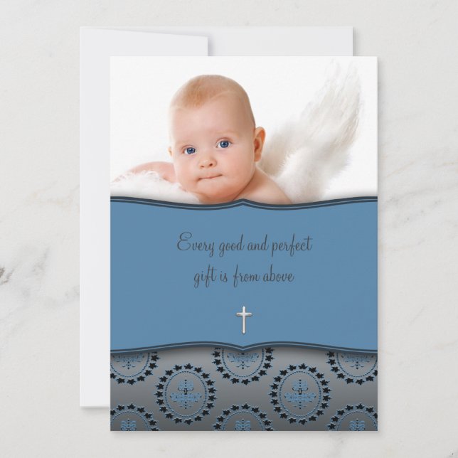 Blue Baby Boy Photo Christening Invitation (Front)