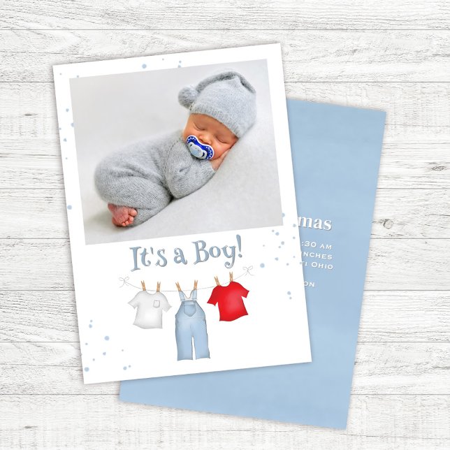 Blue Baby Boy Photo Clothesline Custom Announcement ("It's a boy" custom photo baby boy birth announcements.)
