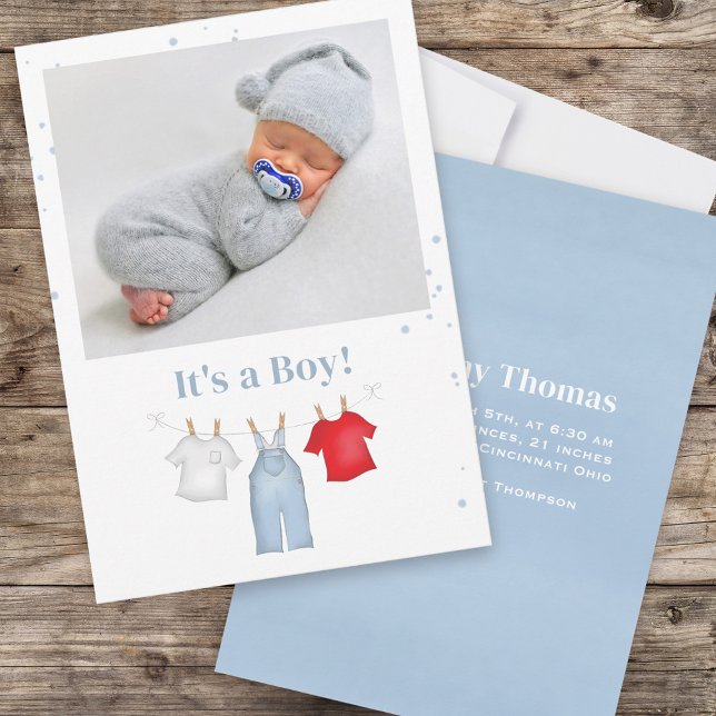 Blue Baby Boy Photo Clothesline Custom Announcement (Creator Uploaded)