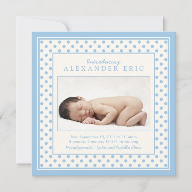 Blue Baby Boy Polka Dot Photo Birth Announcement (Front)