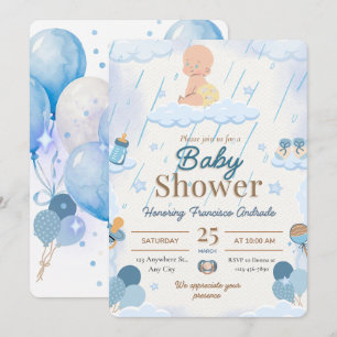 Blue Baby Boy Shower Invitation with Balloons and