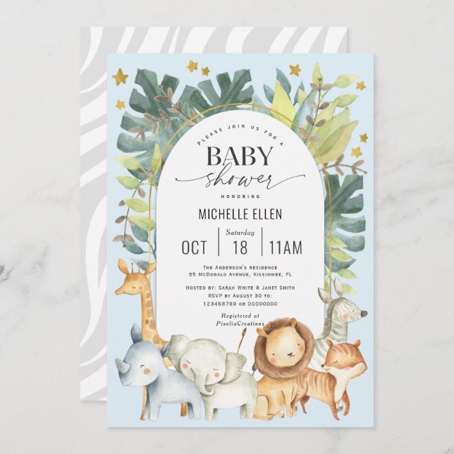 Blue Baby boy shower Jungle animals themed Invitation (Front/Back)