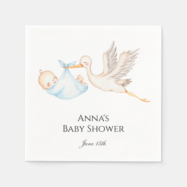Blue Baby Boy Stork Baby Shower  Napkin (Front)