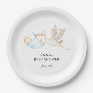 Blue Baby Boy Stork Baby Shower  Paper Plate