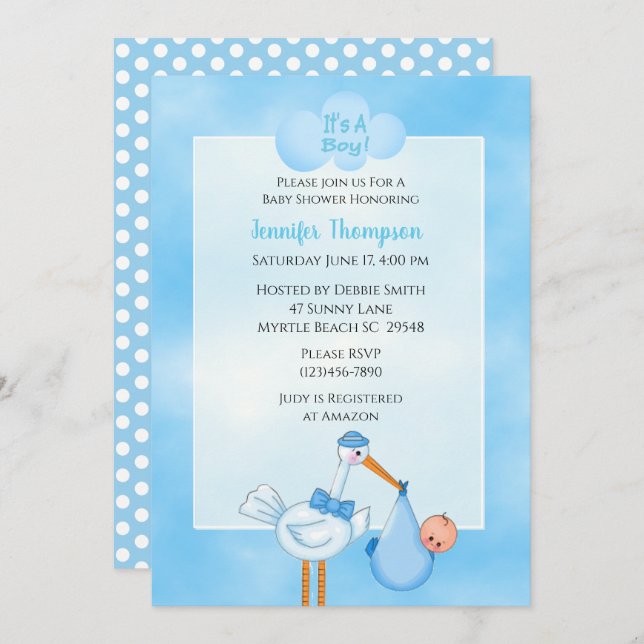 Blue Baby Boy Stork Shower Invitations (Front/Back)