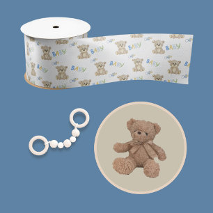 Blue Baby Boy Teddy Bear Watercolor Baby Satin Ribbon
