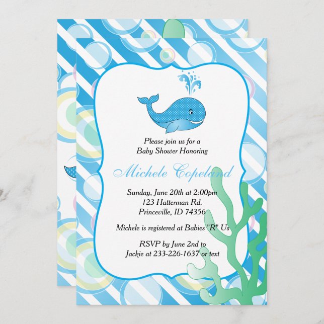 Blue Baby Boy Whale Baby Shower Invitation (Front/Back)